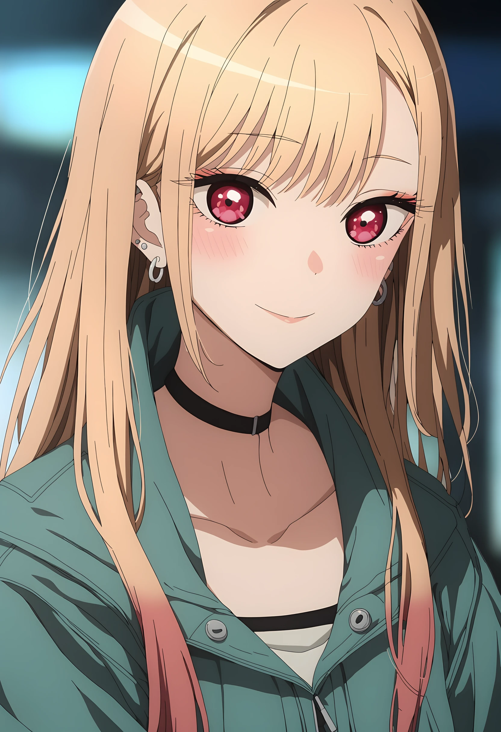 (score_9, score_8_up, score_7_up), (masterpiece, best quality, very aesthetic, ultra detailed, source anime, anime, intricate details, blurry background), <lora:Sono Bisque Doll wa Koi wo Suru - Marin Kitagawa XL R2B1:0.8>, kitagawa marin, 1girl, blonde hair, smile, solo, choker, earrings, piercing, jewelry, ear piercing, black choker, long hair, looking at viewer, blush, red eyes, bangs, green jacket, upper body, collarbone, jacket, closed mouth, multicolored hair
