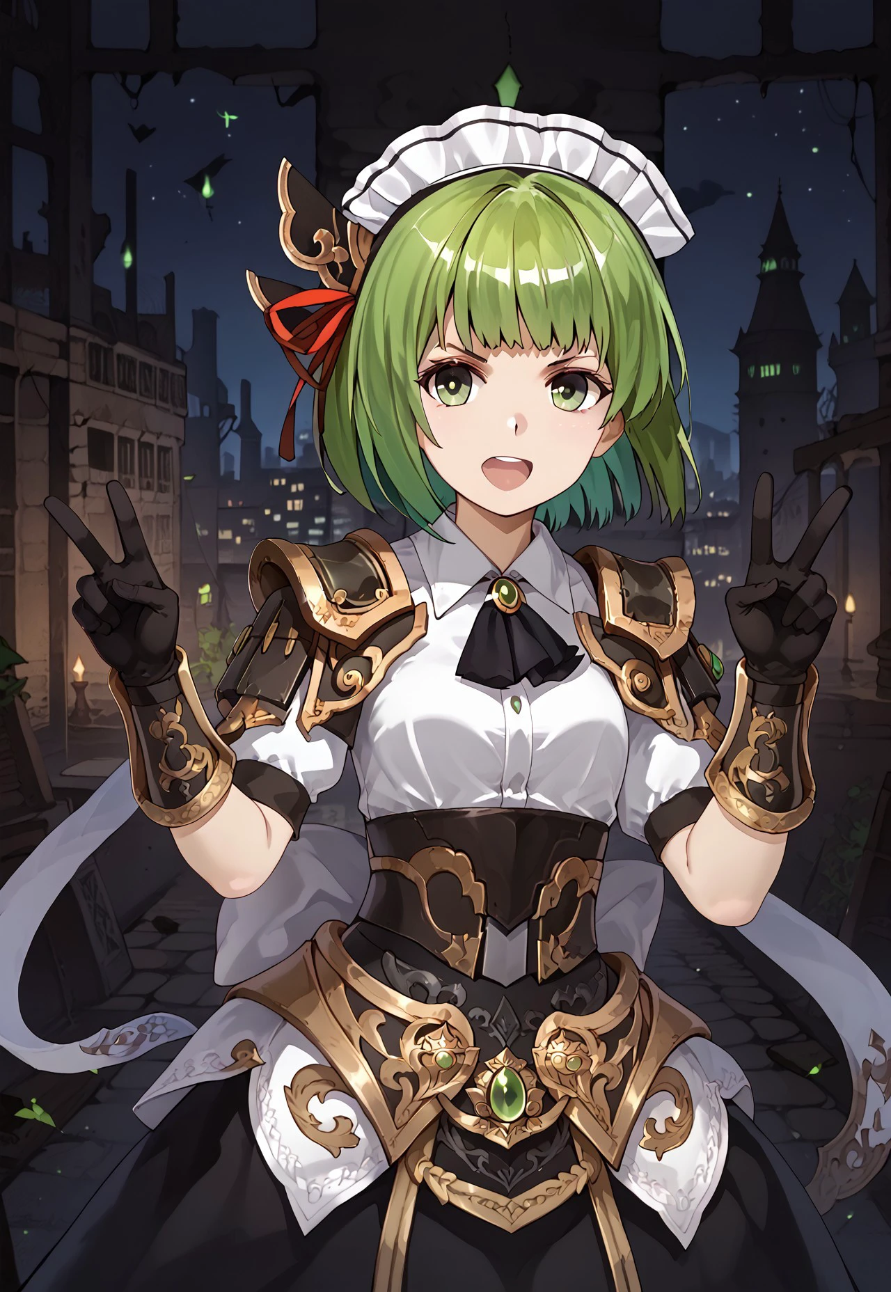 safe_pos, 1girl, solo, solo focus, highres, absurdres, CtK_Goujian, green hair, short hair, maid headdress, green eyes, bangs, hair ribbon, v-shaped eyebrows, hair ornament,
black gloves, black dress, armored dress, shoulder armor, black ascot, white bow, puffy short sleeves, pauldrons, white shirt, green brooch, gold trim, vambraces, faulds,
looking at viewer, double v, smile, open mouth, head tilt, hands up,
ruins, cityscape, neon lights, shade, night, night sky, dark, backlighting,