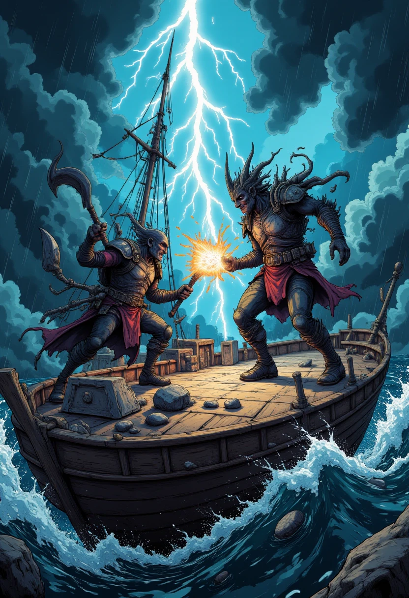 An epic clash on the deck of a ship floating amidst swirling storm clouds. Lightning illuminates the scene as a warrior with an electrified blade faces off against a shadowy, demonic figure. Waves of rain and wind whip through the dramatic composition.