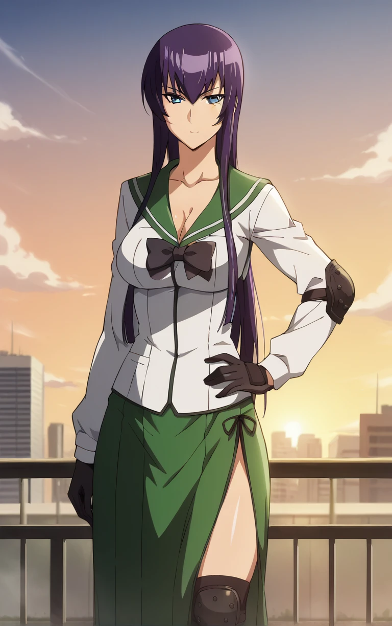 score_9, score_8_up, score_7_up, looking at viewer, BREAK
MainOutfit_SaekoBusujima_ownwaifu,
1girl, blue eyes, hair between eyes, long hair, purple hair, very long hair, large breasts, collarbone, bangs, sidelocks,
black bow, black skirt, green sailor collar, green serafuku, school uniform, white shirt, serafuku, bow, cleavage, skirt, gloves, long sleeves, black thighhighs, side slit, elbow pads, zettai ryouiki, knee pads, long skirt, bowtie,
(contrapposto, hand on hip), sunset, sidelighting, cityscape, outdoors, <lora:PONYXL_HighschoolOfTheDead_SaekoBusujima_ownwaifuV1:1> , depth of field, solo,
