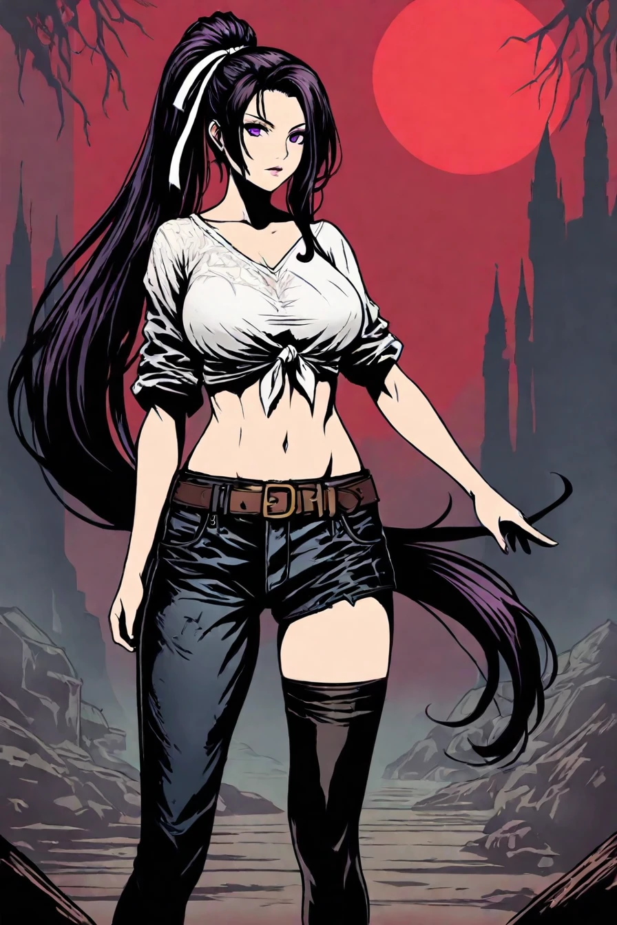 looking at the viewer, asymmetrical clothes, navel, purple eyes, very long hair, tied shirt, midriff, hair ribbon, single pantsleg, white shirt, ponytail, black hair, large breasts, jeans, white ribbon, brown belt, purple hair, asymmetrical legwear, red sky, moon, 1girl, solo, alone, upper body, <lora:dark_comic_fantasy_noir_illustriousXL-000021:0.8>, dark_comic_fantasy_noir, masterpiece, highres