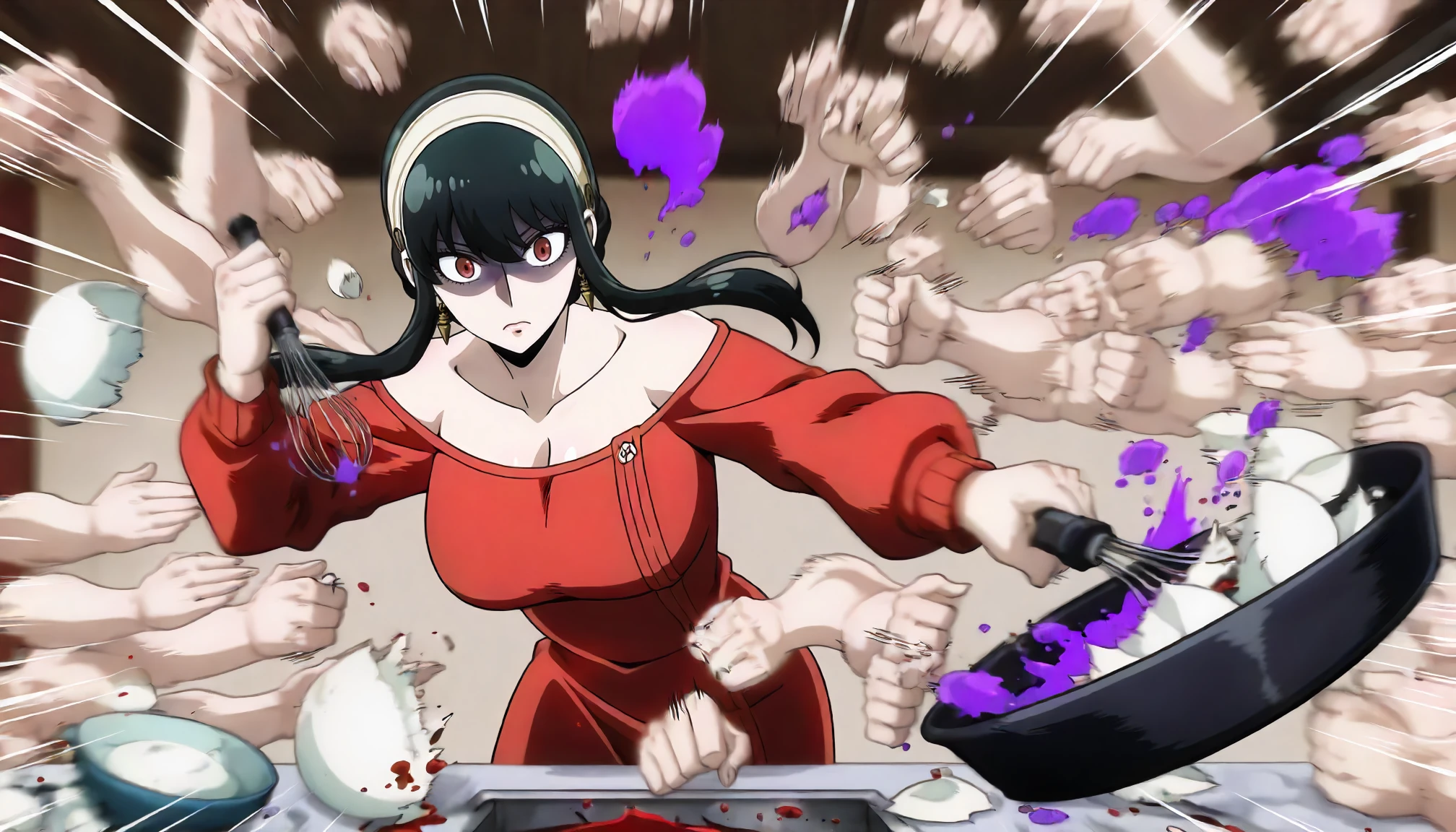<lora:Pose_rushpunchXLIllustrious001:0.8>,
masterpiece,(best quality),good quality,newest,
serious,(cooking:1.1),shaded face,
solo,
anime coloring,
rushpunch,multiple hands,(motion_blur:1.2),(motion line:1.1),speed_lines,
1girl,yor briar,spy x family,red dress,off -shoulder,long_sleeves,
dynamic cooking,
kitchen,(purple smoke:1.2),(splattered:1.2),(exploding food:1.2),salt,sauce,(spilled:1.2),frying pan,eggshell,whisk,swirling,holding,