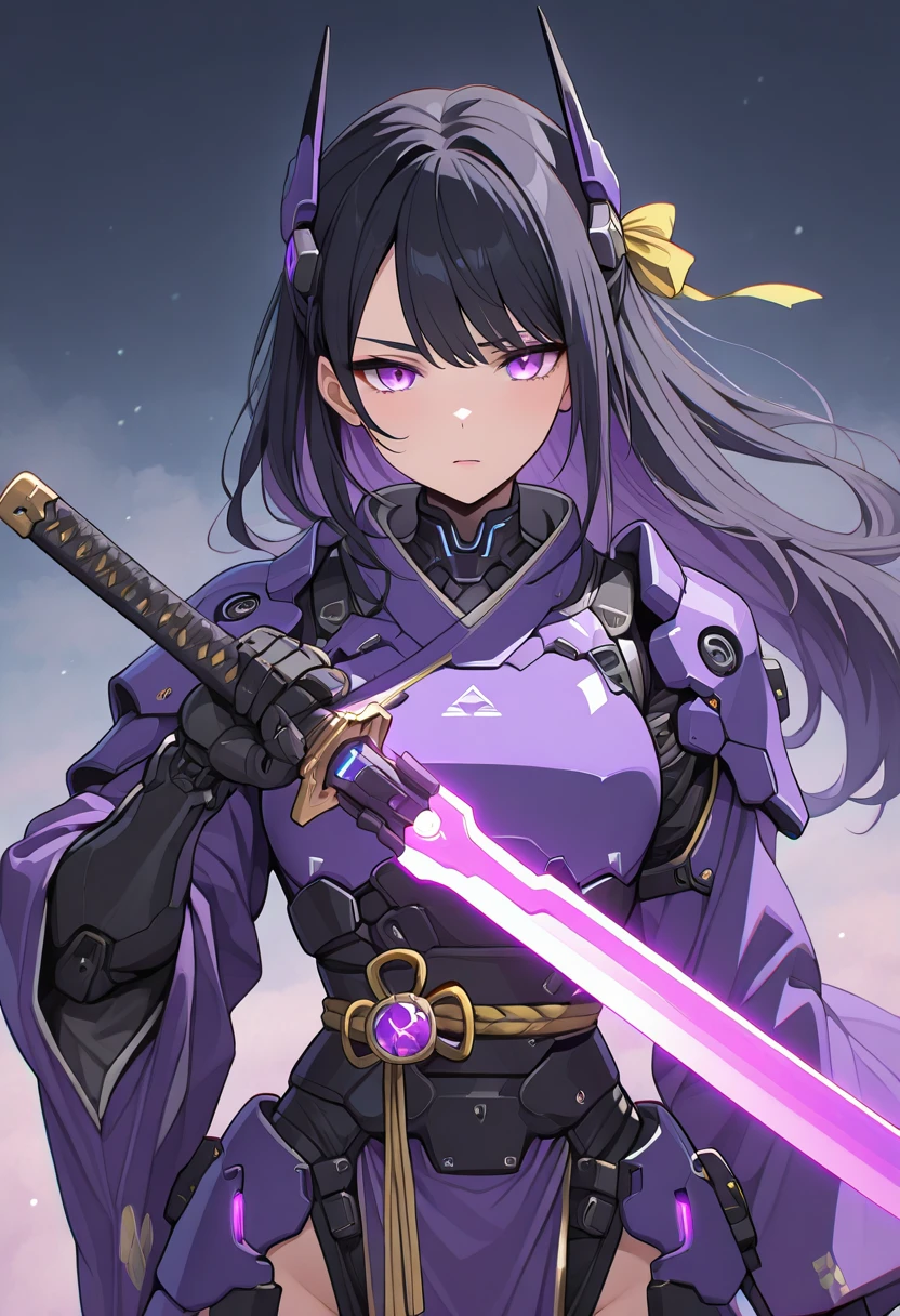 Masterpiece (quality), 1girl, black hair, purple eyes, black mecha armor with purple details, purple mecha wings, holding purple sword, purple glowing sword, spacestation in background, hkmecha