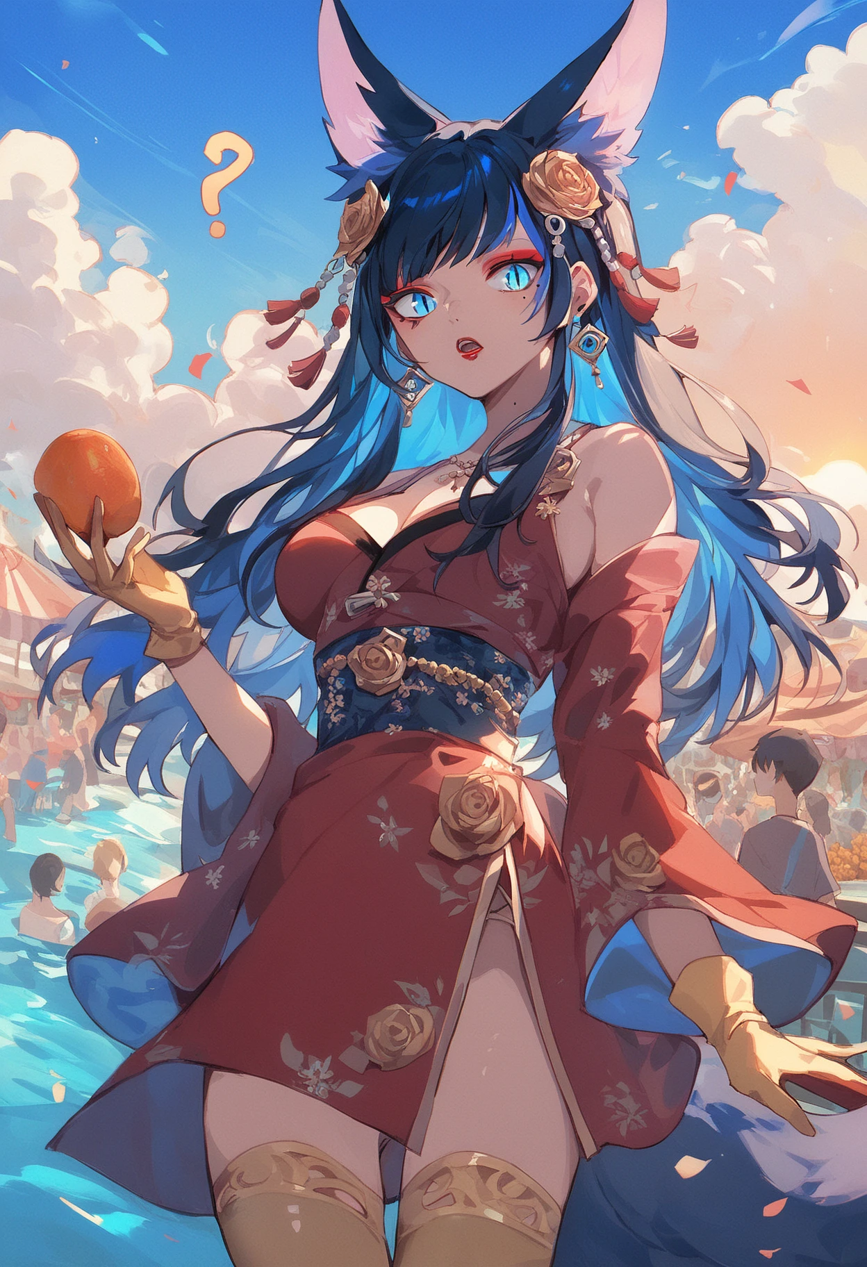 an artwork of a beautiful lady in traditional Thai attire, participating in the Songkran Festival, Thailand's New Year celebration. She joyfully splashes water with a group of people amidst a water-filled, festive atmosphere. The scene is filled with cultural energy and smiles