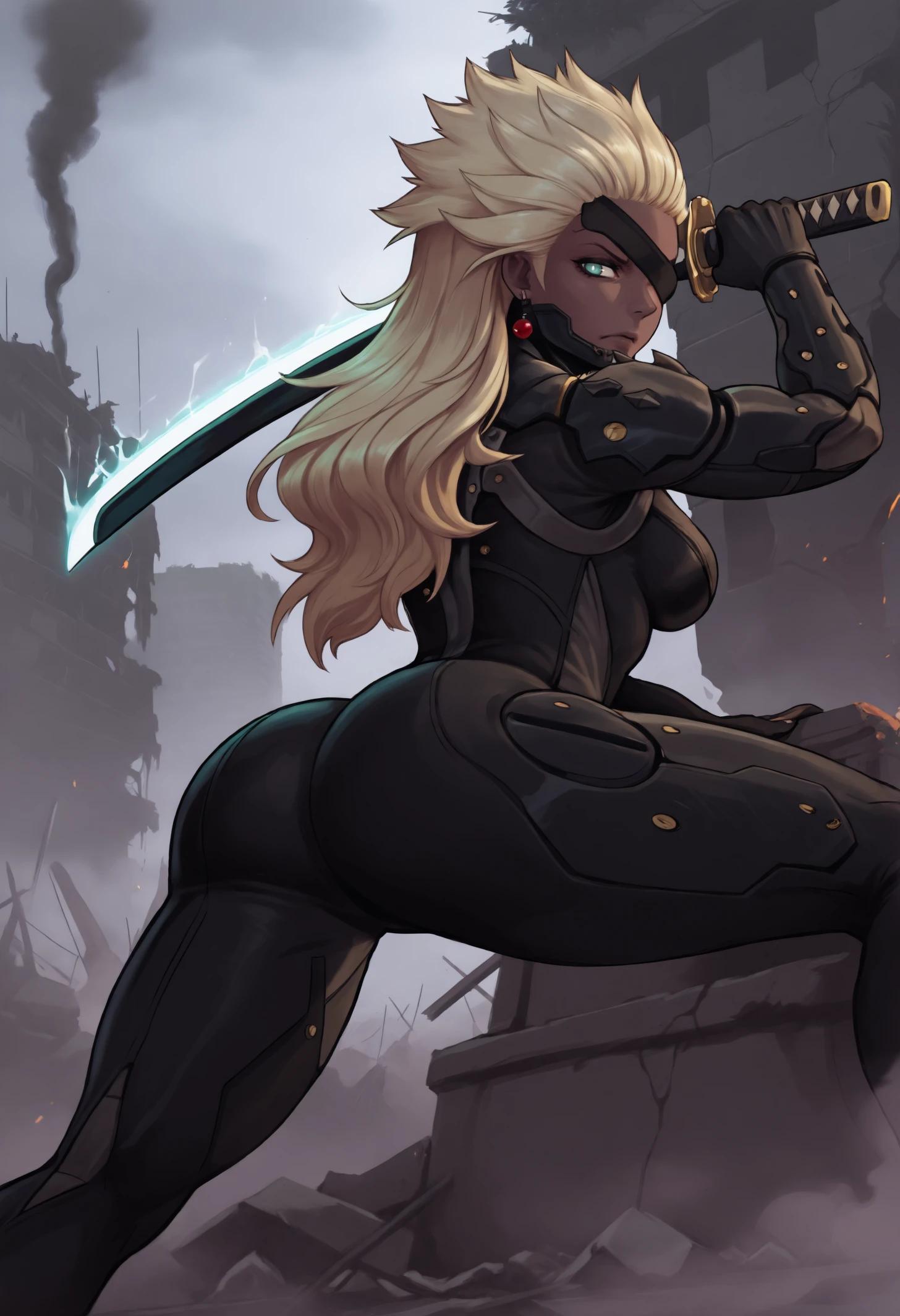 masterpiece, best quality, 1girl, dark-skinned female, aqua eyes, white pupils, blonde hair, long hair, hair pulled back, medium breasts, 
red earrings, 
RaidenMGRDef, spiked hair, cyborg, mechanical chin, black bodysuit, eyepatch, one eye covered, mechanical mouth,
looking at viewer, looking back, serious, fighting stance, katana, holding sword, white energy blade, spread legs, weapon over shoulder,
outdoors, battlefield, ruins, smoke, overcast, side view,
<lora:RaidenMGRR_illusXLNoobAI_Incrs_v1:1.0> 
<lora:Haru-Star-Wars-Visions-NoobAi-1.1_V1-Manityro-CAME:1.0>