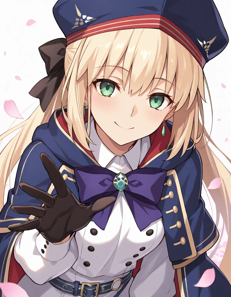 (masterpiece), (best quality), (ultra-detailed), Caster2, Castoria, half updo, 1girl, solo, long hair, blonde hair, white background, green eyes, petals, C2_pantyhose, C2_beret, C2_dress, C2_capelet, C2_gloves, C2_bowtie, C2_hair_bow, C2_belt, Castoria_low_twintails, (((detailed face))), looking at viewer, smile, upper body, reaching, detailed fingers, pov, illustration, disheveled hair, detailed eyes, perfect composition, moist skin, intricate details, earrings