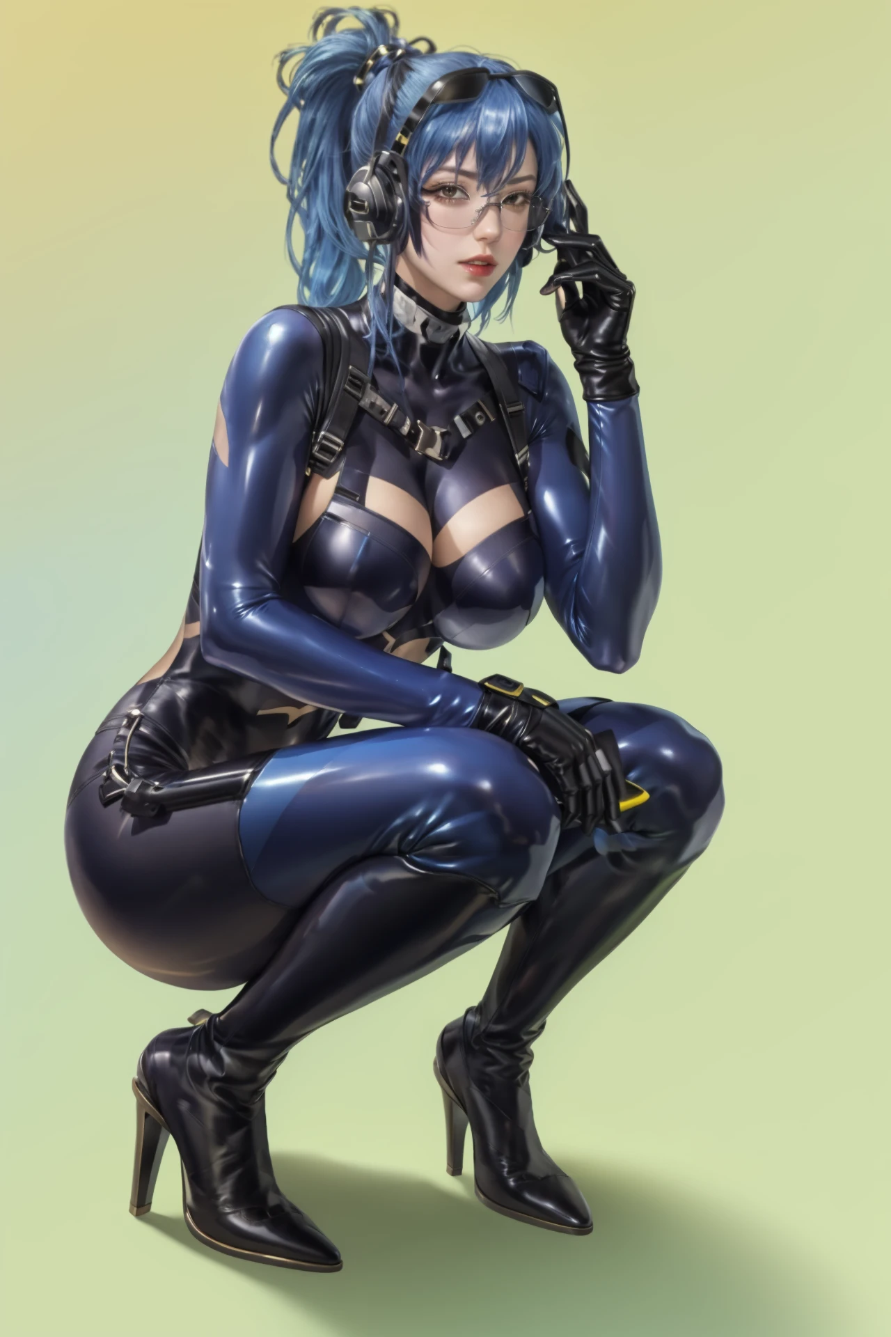 (masterpiece, best quality, ultra-detailed, highres), perfect face, side lighting, lustrous skin,(bloom), (shine), lighting, ray tracing, sci-fi, 1girl, solo, black hair, black lips, multicolored hair, gloves, electrical cables hanging from her arms, sitting on a crystal crescent chair, crossed legs, short hair, black footwear, bodysuit, boots, black gloves, blue hair, looking at viewer, goth makeup, black pants, holding a black ferrous cystal, depth_of_field, very detailed background, highly detailed background, Masterpiece, Ultra detailed, great composition,Dynamic angle,(wide shot), extremely delicate and beautiful,(Highest picture quality), (Master's work), depth of field, solo, extreme light and shadow, masterpiece, rich in detail, (fine features), (highest quality), (masterpiece), (detailed eyes), (beautiful) detailed ,beautiful detailed eyes,(straight-on),  full body, cyberpunk:1, (extremely detailed CG unity 8k wallpaper),(masterpiece), (best quality), (ultra-detailed), (best illustration),(best shadow),perfect lighting , perfect anatomy , vivid colors,