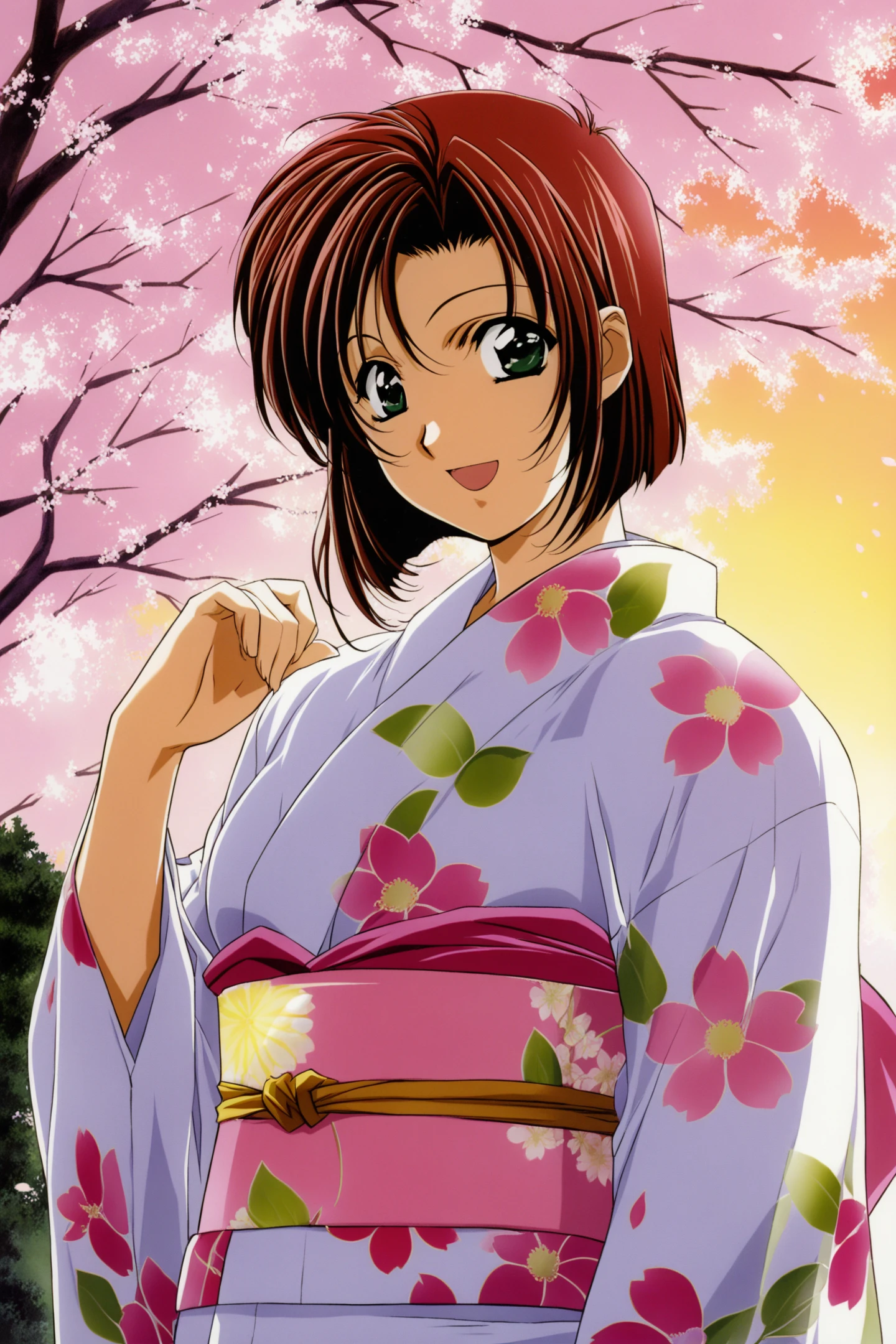 Tsujimoto Natsumi,1girl,solo,short hair,green eyes,japanese clothes,white kimono,wide sleeves,sash,floral print,obi,standing,looking at viewer,upper body,open mouth,smile,o:,cherry blossoms,
<lora:You Are Under Arrest_illustriousXL:0.8>,