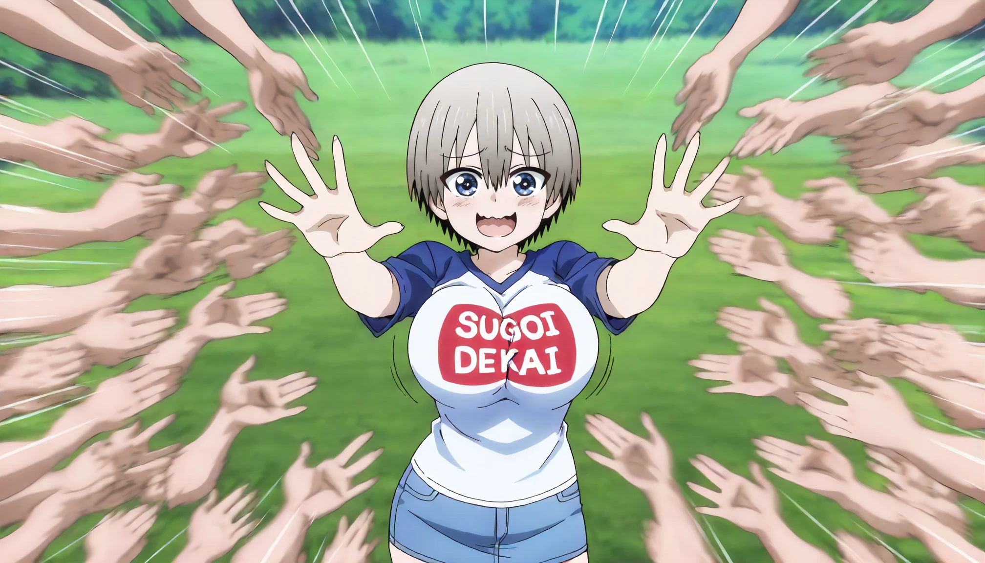 <lora:Pose_rushpunchXLIllustrious001:0.7>,
masterpiece,(best quality),good quality,newest,
outdoors,
open mouth,smile,wavy mouth,
looking at viewer,
solo,
anime coloring,
multiple hands,(motion_blur:1.2),(motion line:1.1),speed_lines,
Uzaki-chan,sugoi dekai shirt,denim skirt,tickle,trolling,open hand,