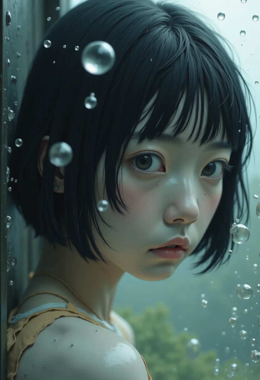 a close-up of a young woman with short, straight, dark hair. She has a serious expression, her eyes looking directly into the camera, with a slight frown. The image is taken through a rain-soaked window, with water droplets covering the glass, creating a textured background. The woman appears with her shoulders and part of her chest visible. Her skin tone is light, and she has a slender build. The photograph captures the essence of solitude and introspection, with the raindrops adding a somber, melancholic atmosphere. The contrast between the clear, sharp image of her face and the blurred background emphasizes her focus and the weather conditions. The photograph is high-contrast, with dark shadows and bright highlights, enhancing the emotional impact of the image. The overall composition and use of light and shadow create a dramatic and evocative scene.