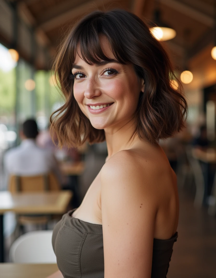 <lora:Milana_Vayntrub_Flux:1> This is a beautiful photograph of a woman, She has shoulder-length, wavy brown hair with bangs that frame her face. She is wearing a dress. Standing in a cafe. Looking at the viewer. Smile