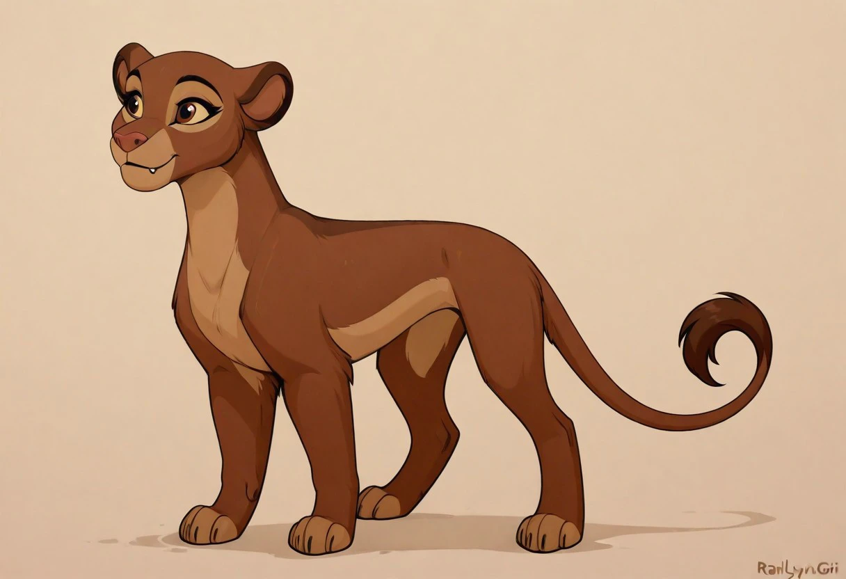 score_9, score_8_up, score_7_up, solo, by reallynxgirl, easynegative, adult, Rani, reddish brown eyes, feral,brown body, full body , standing, simple background,