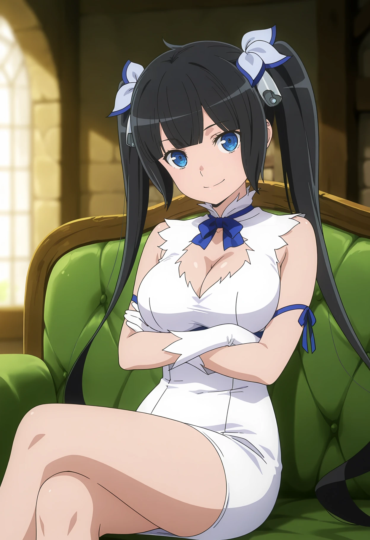 score_9, score_8_up, score_7_up, source anime,prefect lighting, very aesthetic, anime screencap, anime coloring, dungeon ni deai wo motomeru no wa machigatteiru darou ka, hestia, black hair, blue eyes, twin tails/long hair, hair ornament, white dress, center opening, blue ribbon, rei no himo, upper body, portrait, smile, looking at viewer, squatting, spread legs, white thong, huge breasts,