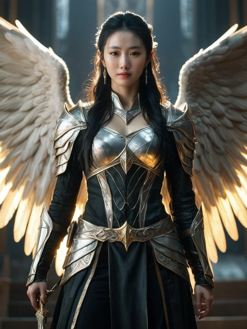 A beautiful Japanese girl stands against a battlefield-like background、Spreading black wings。Her face is full of strength and determination.、Long black hair fluttering in the wind。
The background is a barren land and a raging flame.、It reminds me of scenes of war and destruction.。The contrast between the grey sky and the flames is very dramatic.、It adds tension to the whole scene.。
She is wearing a light black outfit、Decorated with torn fabric and metal。The costume shows signs of battle.、It&#39;s a realistic depiction of mud and blood.。The boots and arm guards were also damaged.、It exudes a warrior vibe.。
She is posing powerfully,、The gaze is fixed straight ahead。Her outstretched wings further emphasize her majesty and strength.。
This photo was taken vertically、Placing the subject at the center emphasizes her presence.。The contrast between the flames in the background and her black wings is striking.、Light and shadow effects create a dramatic atmosphere。Using ultra-realistic live-action techniques、It is characterized by its attention to detail.。