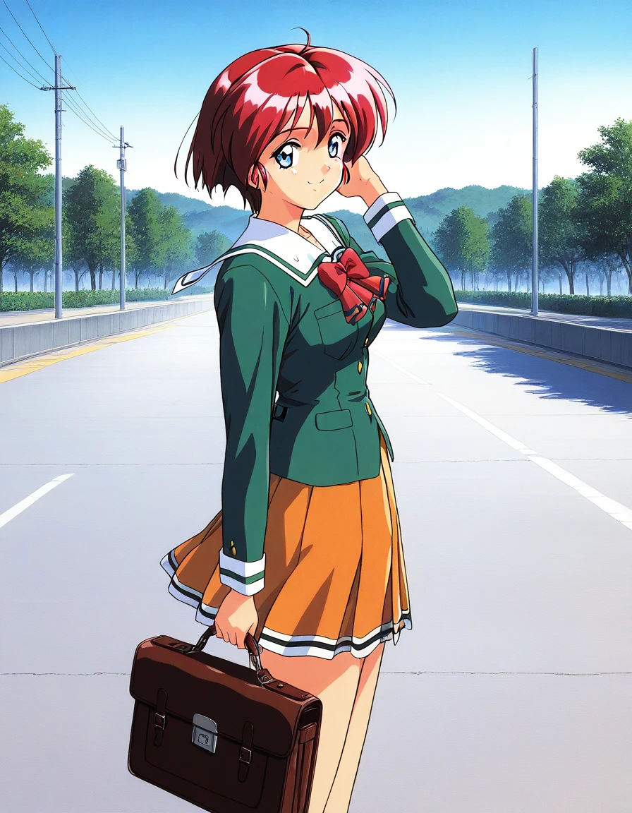 general,highres, ultra-detailed,very aesthetic,best quality ,best hands, BREAK <lora:Hinomoto_Hikari_IS:1> Hinomoto_Hikari, red hair, short hair, blue eyes, breasts, bangs,
1990s (style), solo, skirt, green shirt, white background, bag, school uniform, orange skirt, smile, long sleeves, shirt, looking at viewer, school bag, pleated skirt, bow, tachi-e,
sky, day, asphalt, tree,