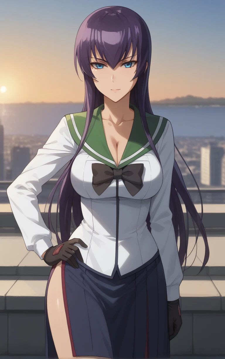 score_9, score_8_up, score_7_up, looking at viewer, BREAK
MainOutfit_SaekoBusujima_ownwaifu,
1girl, blue eyes, hair between eyes, long hair, purple hair, very long hair, large breasts, collarbone, bangs, sidelocks,
black bow, black skirt, green sailor collar, green serafuku, school uniform, white shirt, serafuku, bow, cleavage, skirt, gloves, long sleeves, black thighhighs, side slit, elbow pads, zettai ryouiki, knee pads, long skirt, bowtie,
(contrapposto, hand on hip), sunset, sidelighting, cityscape, outdoors, <lora:PONYXL_HighschoolOfTheDead_SaekoBusujima_ownwaifuV1:1> , depth of field, solo,