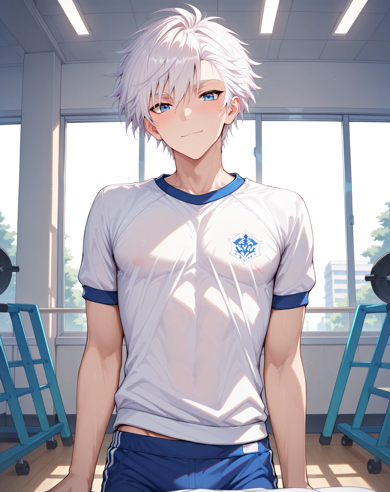 young male teenager, white hair, blue eyes, sport clothes, sweating, sexy, hot