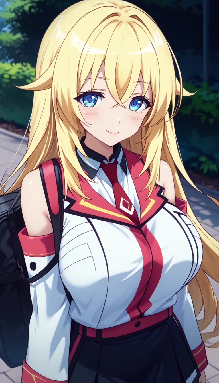 score_9,score_8_up,masterpiece,best quality,correct anatomy,anime_source,1girl,solo,alone,perfect eyes,perfect arms,perfect legs,perfect face,outdoors,upper body,(portrait:1.5),looking at viewer,facing viewer,smile,blush,Yurishia Farandole,long hair,blonde hair,hair flaps,sidelocks,hair between eyes,crossed bangs,blue eyes,school uniform,bare shoulders,sleeveless jacket,white jacket,wing collar,white shirt,sleeveless shirt,collared shirt,red necktie,detached sleeves,long sleeves,large breasts,skindentation,miniskirt,black skirt,pleated skirt,garter straps,zettai ryouiki,black thighhighs,thigh boots,black footwear,<lora:Yurishia Farandole(mgh)-Pony:1.8>,