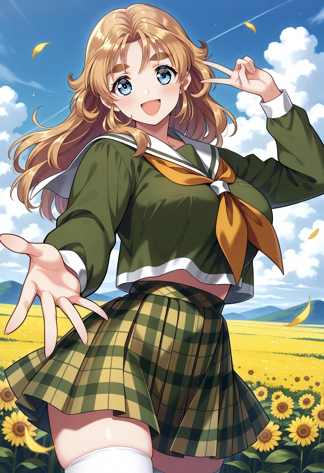 (8k, RAW photo, best quality, masterpiece, highres, absurdres, ultra detailed:1.3), (Photography, realistic, photo-realistic:1.4), (beautiful natural lighting, beautiful deatailed shadow, beautiful detailed glow :1.4), atmospheric,
BREAK, 1 beautiful girl, girl, (cute:1.5),(Little:0.5),(cute:2.0),(change:2.0),(12 year old girl),(big breasts:1.65),(chin hair,blonde,blue bow,green eyes,Eyebrows visible through the hair,side lock,long hair with bangs parted, hair flower, hair ornaments, big ribbon in hair, curly hair, ponytail:1.6),:he, white feathers, one thin white wing, Ang he wings, spread,(smile,blush:1.45) , //Character
1girl,
BREAK
//Fashions
Urban Fairy Tinker Bell Look
This urban take on Tinker Bell’s style is perfect for a modern fairy, The outfit starts with a fitted green crop top with subtle glitter accents and a sweetheart neckline, It pairs with a high-waisted, A-line mini skirt that features a layered, petal-like design in varying shades of green to mimic leaves, The outfit is complemented by a lightweight, sheer green cardigan with bell sleeves for a touch of whimsy,
BREAK
Accessories include strappy green sandals with tiny, sparkling details, a delicate gold chain belt, and small, detachable fairy wings that can be worn on the shoulders, To complete the look, add a charm bracelet with miniature fairy-themed charms and a flower crown with a mix of green and yellow blossom BREAK, in a (wariza,sunflower field:1.5) that has a blue sky and white clouds as the background, with a (bright and warm) atmosphere that suits their relaxing purpose, BREAK,and add some (sparkles and sun rays:1.3) to make it more vivid and lively,(maximum:1.5),(panoramic superb view:1.5),(gust blowing through:1.2)cute panties,perfect human anatomy,
BREAK wakame,wakame,wakame,(cowboy shot,from below:1.4), BREAK manga illustration.media,manga style,(ultra rich intricately proper sketch+pastel+airbrush+colored pencil:1.1),(ultra highres composition details:1.2),(water color:1.15),