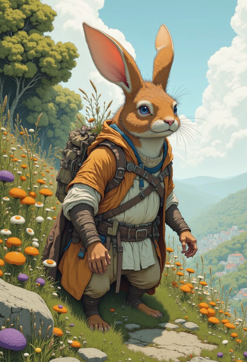 *5e Harengon race with brown fur and light medieval Travel clothing, seems suspisious, angry, rabbit humanoid, stranding on a hillside