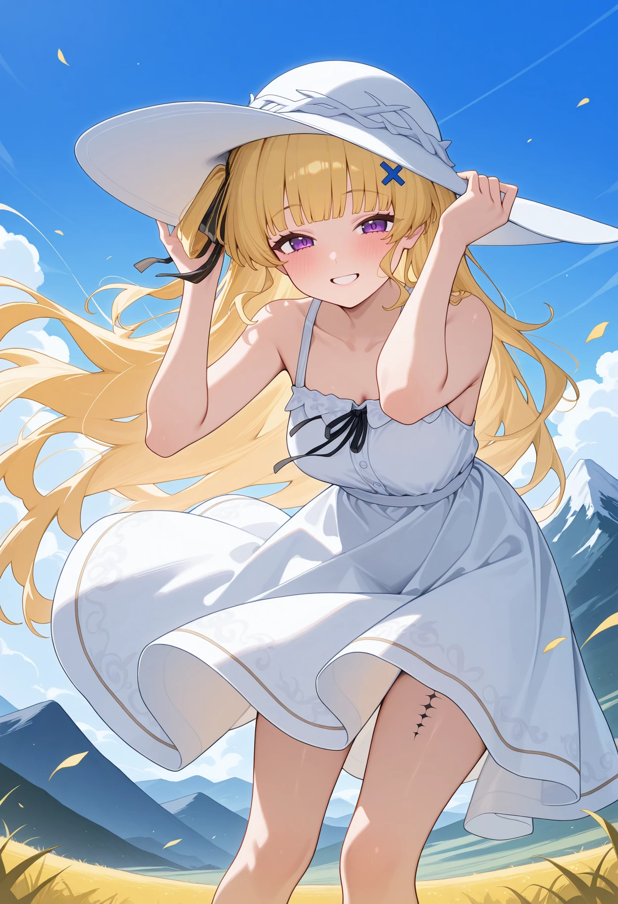 highres, best quality, masterpiece, outdoors, wind, blue sky, mountain,
solo, 1girl, wwphoebe, very long hair, blonde hair, blunt bangs, purple eyes, hair ribbon, x hair ornament,
white headwear, sundress, bare shoulders, white dress, leg tattoo,
looking at viewer, blush, smile,
standing, hands on headwear, floating hair, leaning forward, pov,
<lora:_phoebe_ww-elesico-ilxlF:1>