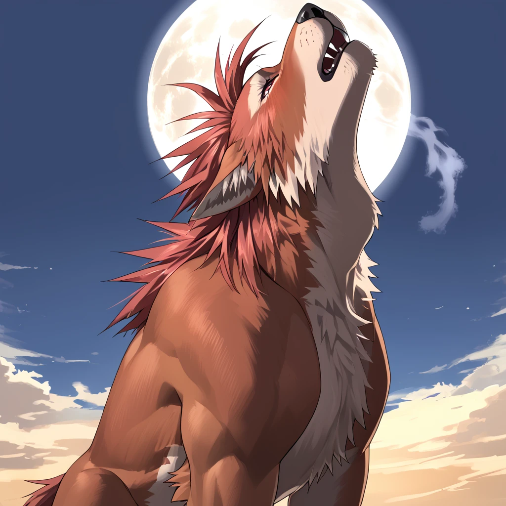 masterpiece,<lora:Nanaki XL:0.8>,<lora:Howling_Canine:0.4>,Nanaki howling at the moon,howling canine,(Red_XIII:1.2),solo,standing pose,breath visible, head back, mouth open