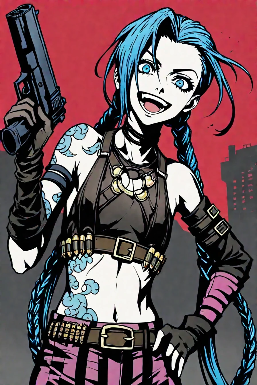 jinx, blue hair, pale skin, choker, smile, blue eyes, long blue twin pigtails, tattoo,crop top, sleeve, armbands, purple striped pants, gloves, belt, upper body, red sky, laughing, holding gun, 1girl, solo, alone, <lora:dark_comic_fantasy_noir_illustriousXL-000021:0.8>, dark_comic_fantasy_noir, masterpiece, highres