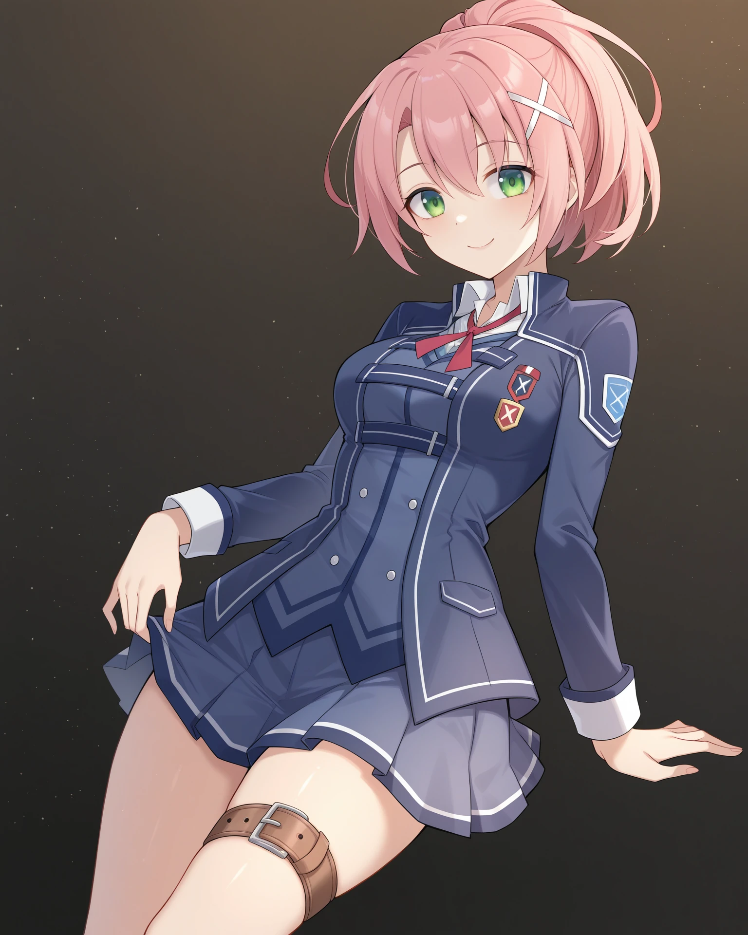 masterpiece, best quality, amazing quality, very aesthetic, absurdres, (by e.o.:0.7), (by chiharu \(9654784\):0.4), (by racoon-kun.:0.4),
1girl, solo,
<lora:JunaCrawfordThors_Illustrious:1>, Juna Crawford, pink hair, ponytail, X hair ornament, green eyes, medium breasts, school uniform, blue blazer, blue skirt, red ribbon, thigh belt,,
simple background, black background, particles,
smile, looking at viewer,