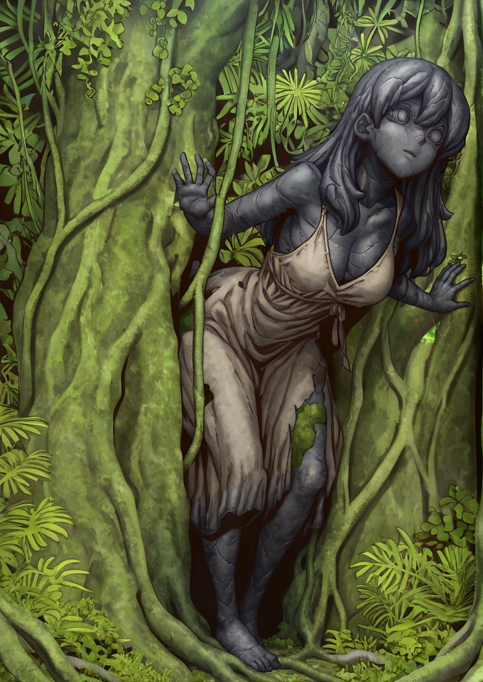 masterpiece, best quality, very aesthetic, absurdres, turned to stone, statue, cracked, growing moss, 1girl, short hair, surprised expression, decayed blue blouse, side stitching, full body, stuck in bark of a tree, vines, jungle background <lora:Stone_World_-_Dr_Stone_-_IL:1>