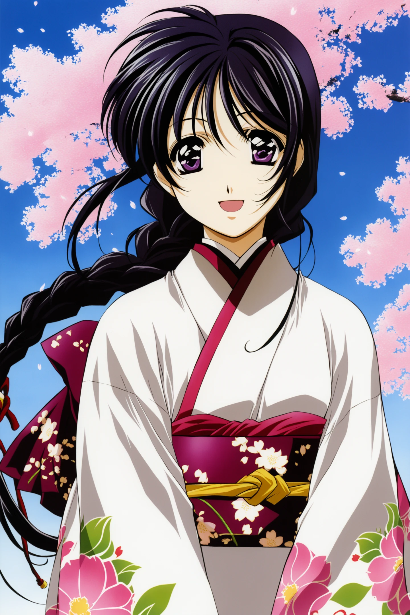 Miyuki Kobayakawa,1girl,solo,long hair,purple eyes,braid,black hair,japanese clothes,white kimono,wide sleeves,sash,floral print,obi,standing,looking at viewer,upper body,open mouth,smile,o:,cherry blossoms,
<lora:You Are Under Arrest_illustriousXL:0.8>,