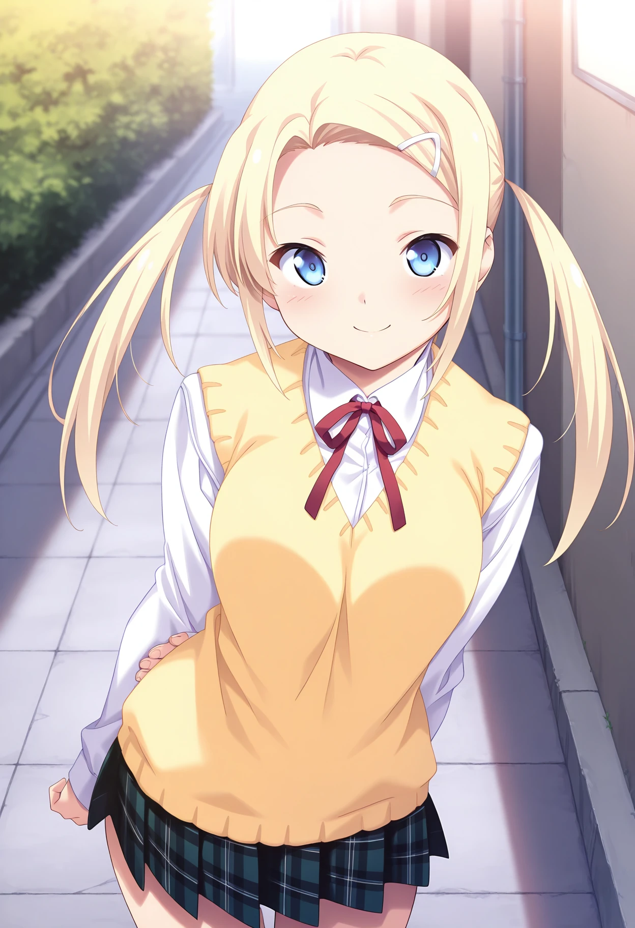 masterpiece, absurdres, highres, newest, 1girl, ct_yuzu, blonde hair, twintails, long hair, white hairclip, white collared shirt, long sleeves, yellow sweater vest, red neck ribbon, plaid skirt, looking at viewer, outdoors, smile, depth of field,
