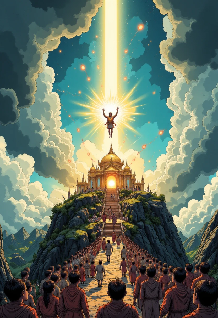 A radiant, golden temple atop a mountain surrounded by swirling clouds. Pilgrims in ceremonial attire watch as a chosen individual levitates toward a beam of light piercing the heavens, their body enveloped in glowing energy.
