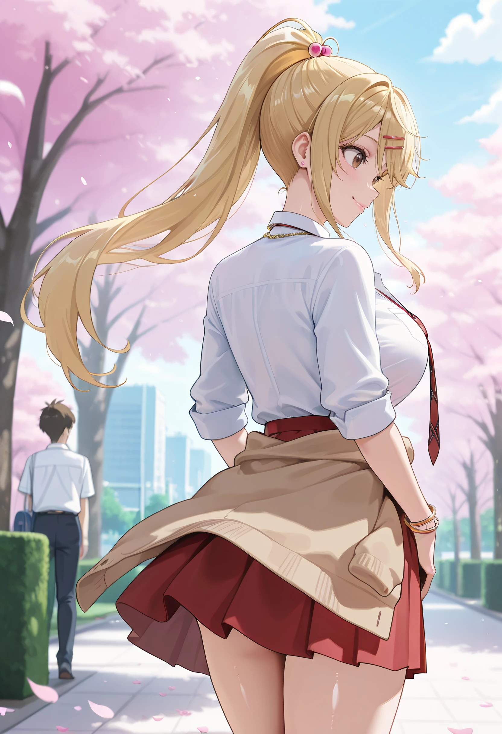 masterpiece,best quality,absurdres, amazing quality, shiny skin
tokyo \(city\), park, falling petals, cowboy shot, standing, wind, wind lif, smile, ((from behind:1.2)), looking at another, skirt lift,
<lora:HimariIshikura:1> himariishikura, 1girl, blonde hair, shirt, white shirt, jewelry, hair ornament, hairclip, necklace, school uniform, necktie, high ponytail, brown eyes, red necktie, gyaru, clothes around waist, bracelet, collared shirt, large breasts, skirt, kogal, sweater around waist, red skirt, very long hair, hair bobbles, d