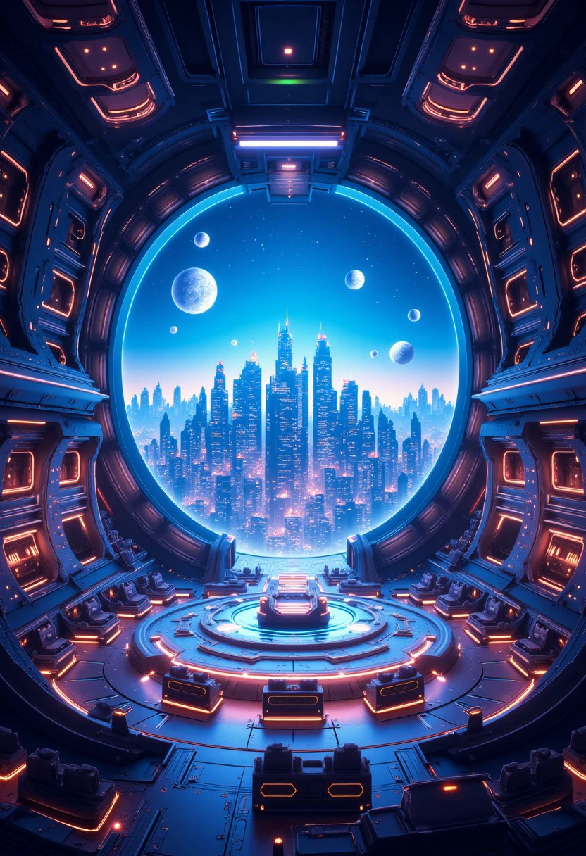 The image shows a futuristic spaceship interior with a futuristic design. The interior of the spaceship is made up of two large circular structures with a high ceiling and multiple windows. The structures are connected by a series of circular panels that are connected to each other creating a tunnel-like structure. The walls and ceiling are made of metal and have a futuristic look. In the center of the image there is a large circular platform with multiple seats and a desk in the center. The platform is surrounded by a futuristic cityscape with buildings and skyscrapers. The cityscape is filled with colorful lights and planets and there are several smaller structures scattered throughout the space. The sky is a deep blue with stars and planets visible. Improved.