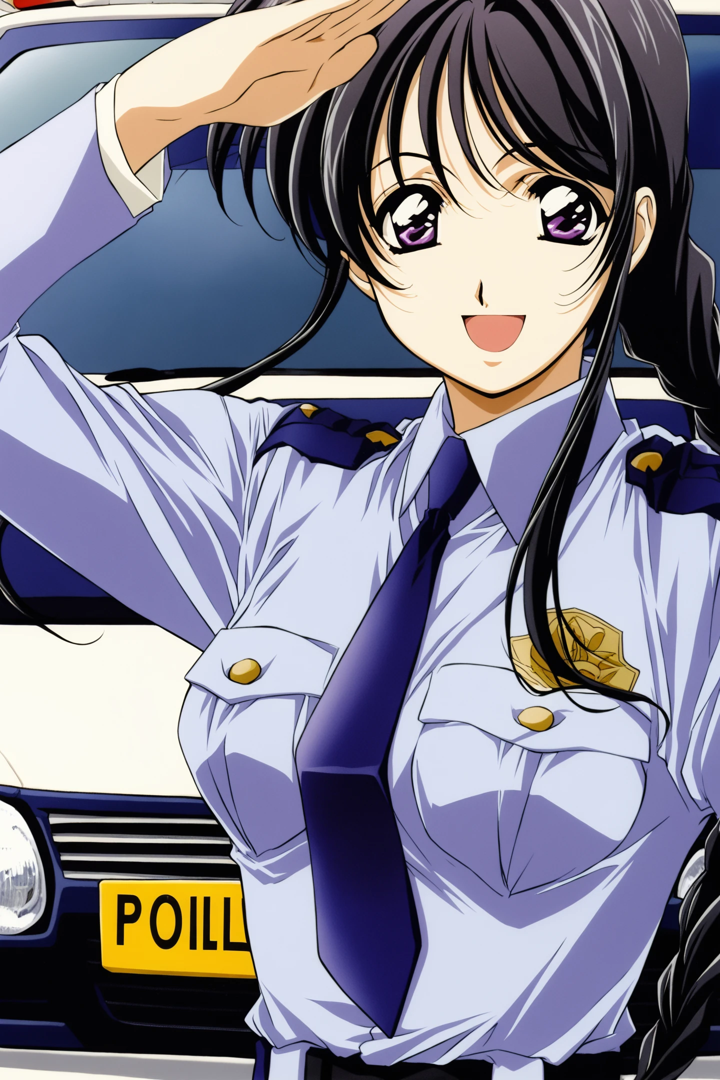 Miyuki Kobayakawa,solo,police uniform,police,policewoman,1girl,uniform,purple eyes,black hair,necktie,braid,long hair,smile,open mouth,salute,upper body,police car,looking at viewer,medium breasts,
<lora:You Are Under Arrest_illustriousXL:0.8>,