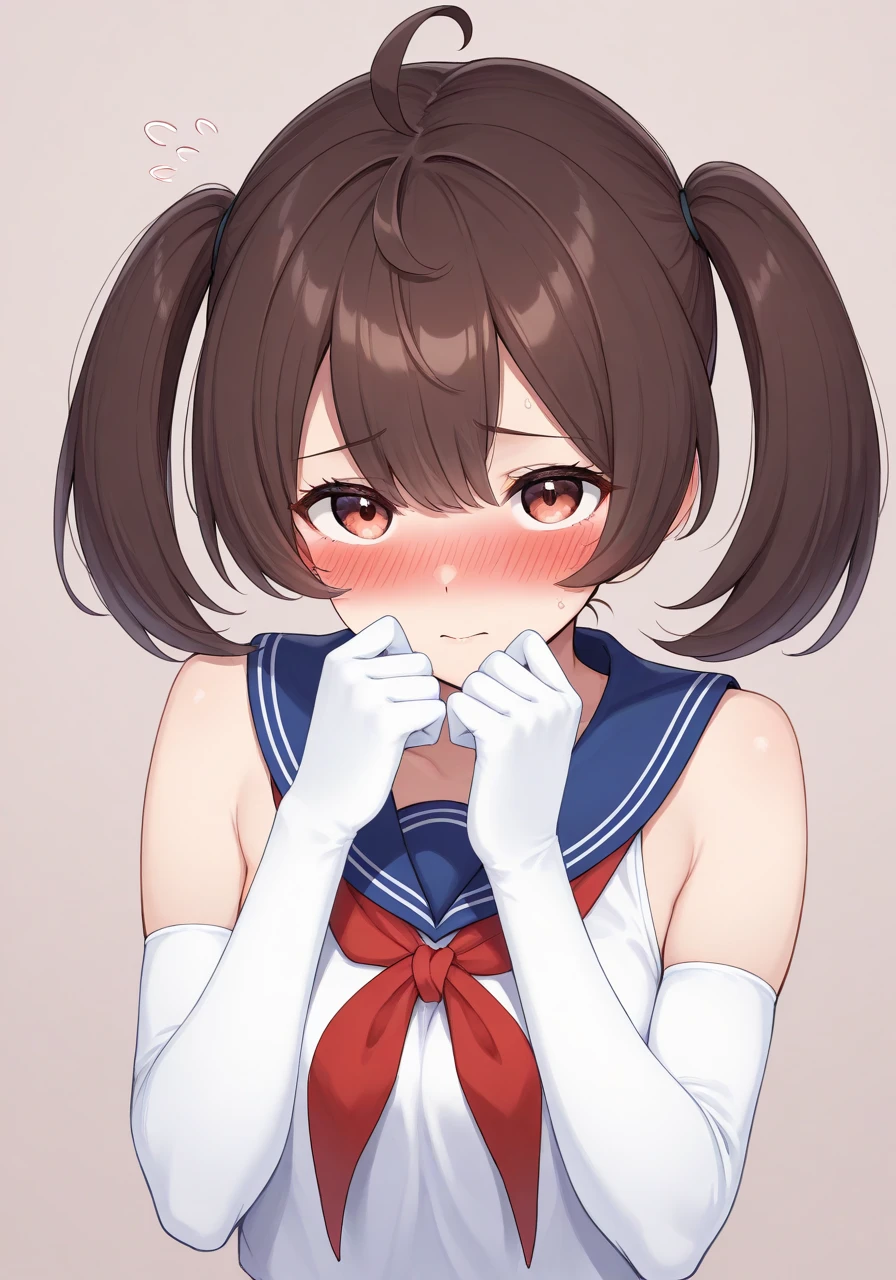 masterpiece, best quality, highres, simple background, looking at viewer, shy, blush,
1girl, brown hair, twintails, ahoge, serafuku, bare shoulders, white elbow gloves,
<lora:bdgunner_il_v1:1>