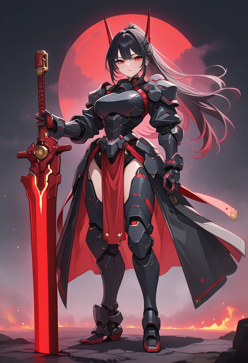 Masterpiece (quality), 1girl, black hair, red eyes, black mecha armor with red details, red mecha wings, holding red sword, red glowing sword, spacestation in background, hkmecha