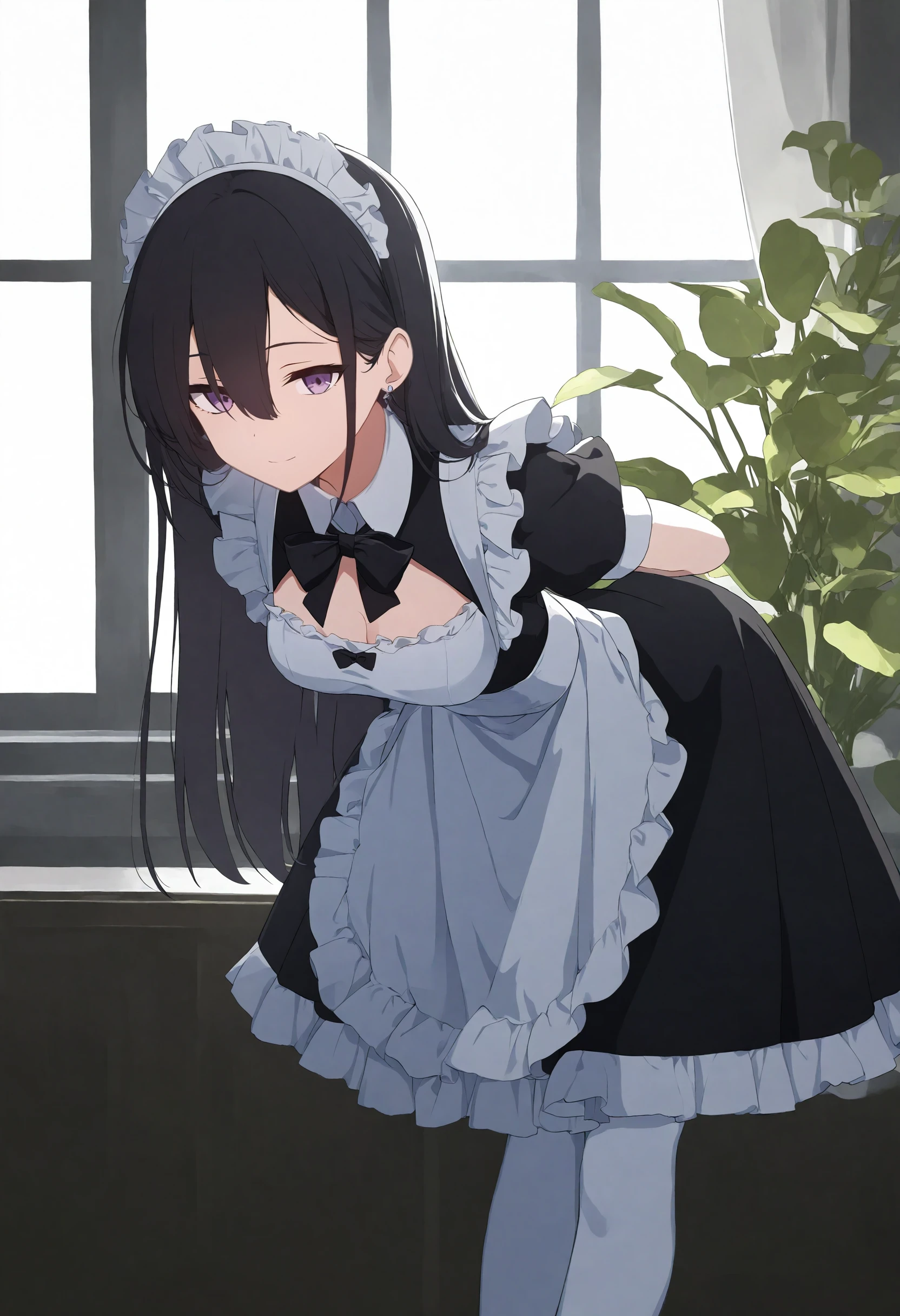 BAstyle,1girl,solo,teenager,black hair,straight hair,long hair,hair between eyes,bangs,weave,purple eyes,medium breasts,expressionless,bored,(maid:1.2),white_pantyhose,looking_at_viewer,arched_back,bent_over,bowing,cleavage,smile,indoor,bedroom,arms_behind_back,earrings,bowtie,maid_headdress,cat ear,in spring,window_,plant,(tree:0.7),background light,available light,Tyndall effect,very awa, masterpiece, best quality, year 2024, newest, highres, absurdres