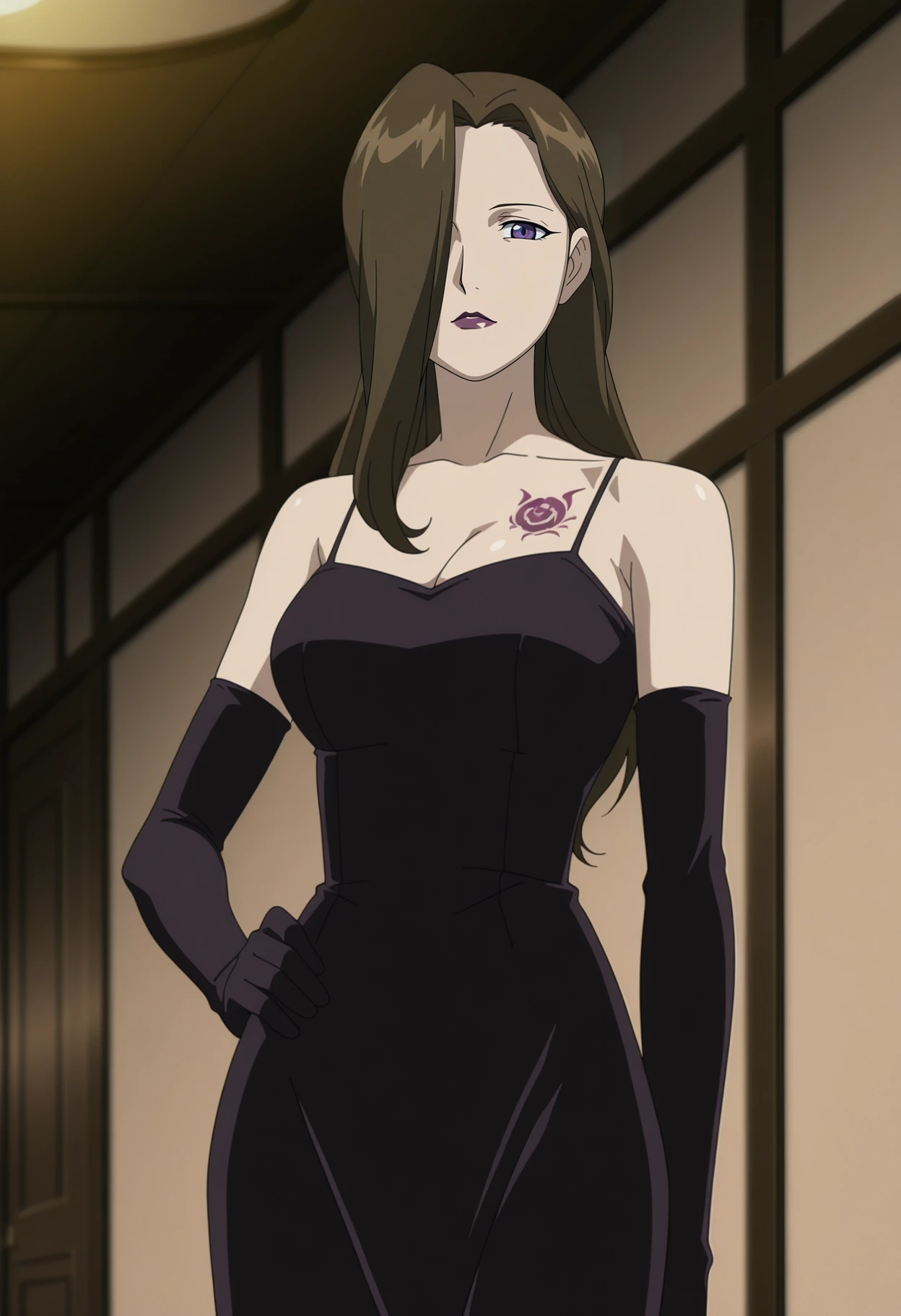 score_9, score_8_up, score_7_up, source_anime, 1girl, arachnegorgon, makeup, smile, looking at viewer, single hair bun, black dress, detached sleeves, bare shoulders, cleavage, masterpiece, best quality, highly detailed, a anime girls in long dress with navel cutout posing for a
picture, evil smile, smile, open mouth, (nsfw) not safe for work, revealing dress, beautiful dress center
opening , long dress with bellybutton showing, ecchi anime style, anime girls, ecchi style, ecchi, digital
anime art!!, in anime style, official artwork, visual novel cg, beautiful anime girl, anime style 4 k, exposed
navel, exposed bellybutton, jewelry, earrings, complex detailed background, casino environment, fancy
interior environment, rich interior, navel piercing