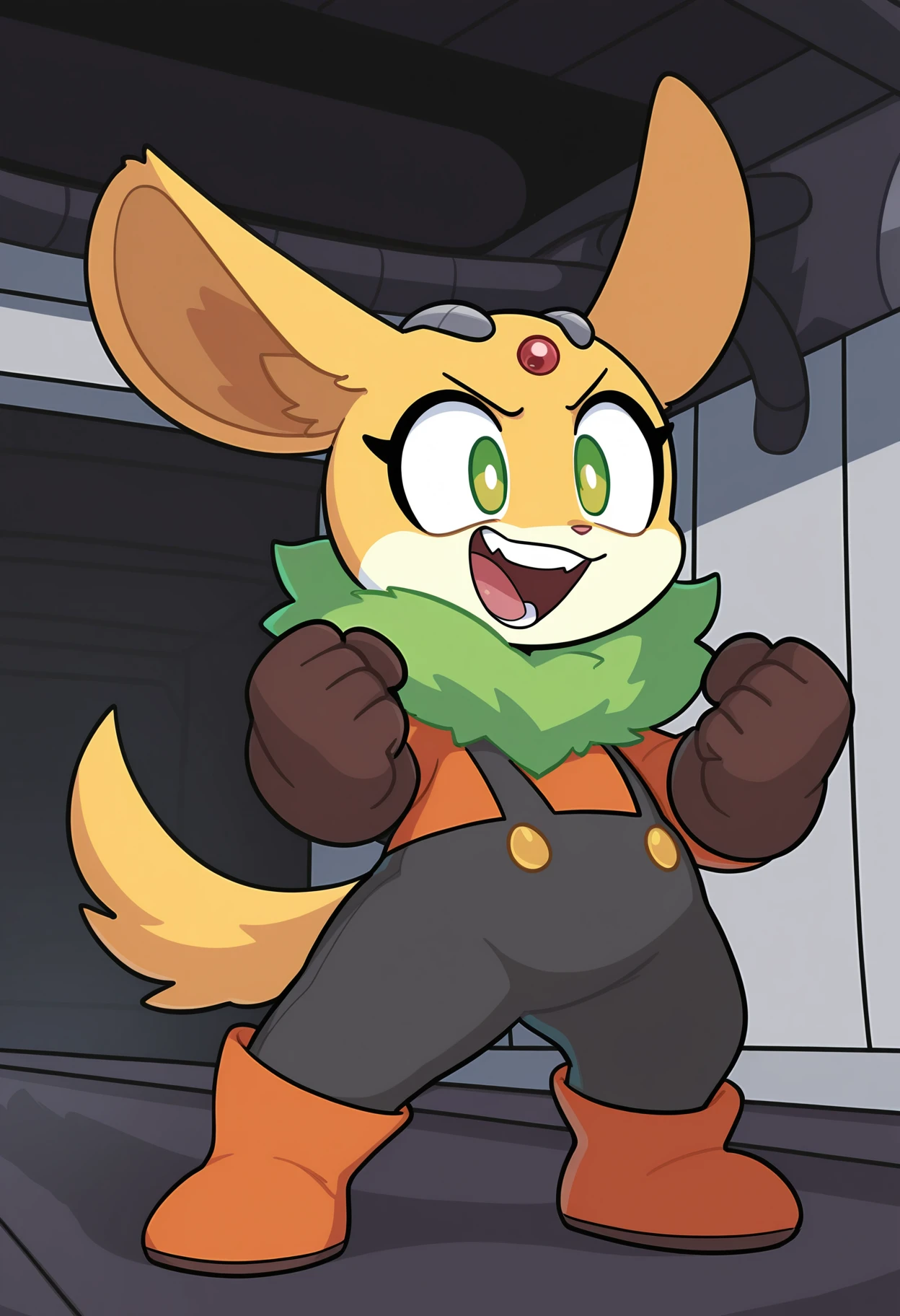 masterpiece, best quality, amazing quality, very aesthetic, absurdres, <lora:Thunderbolt:1>, Thunderbolt, 1girl, solo, smile, open mouth, chinchilla ears, clenched fists, gloves, overalls, yellow fur, orange boots, orange shirt, green eyes, standing, short, green fur trim, green fur collar, tail, full body, teeth, robot, clenched hands, forehead jewel