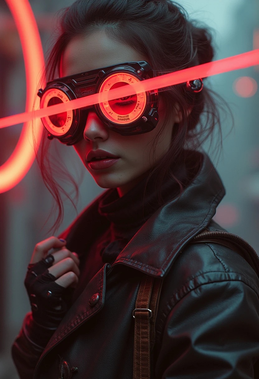yfg-fwshn poster, glow, neon, clean, high key photo, lower thirds text "YFG FWSHN", confident noir woman, fantasy steampunk setting, glowing mechanical eyes, glowing red circular intricate steampunk goggles, leather trench coat, brass and copper accents, futuristic pistol, bandage gloves, imperfect skin, eyes with "X" marks, glowing gears in the background, dark ambiance, moody lighting, dramatic pose, cinematic atmosphere