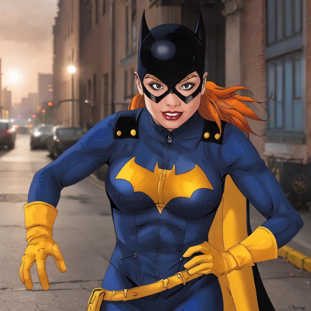 <lora:eso_pony_v1:1> score_9, eso2001_style, eso2001, source_artwork <lora:batgirlburnside_pony_v1:0.8> BatgirlBurnside, 1girl, cape, domino mask, bodysuit, gloves, superhero, orange hair, cowboy shot