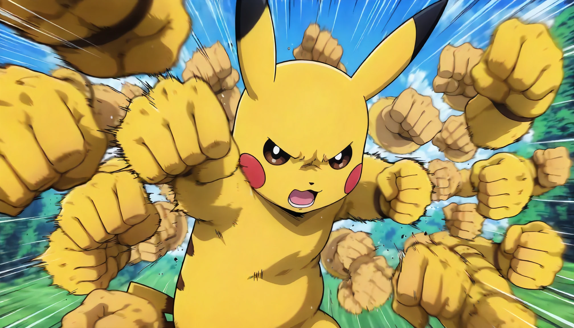 <lora:Pose_rushpunchXLIllustrious001:0.8>,
masterpiece,(best quality),good quality,newest,
outdoors,
open mouth,
looking at viewer,
solo,
anime coloring,
rushpunch,punching,multiple hands,(motion_blur:1.2),(motion line:1.1),speed_lines,
pikachu,pocket monster,yellow fist,