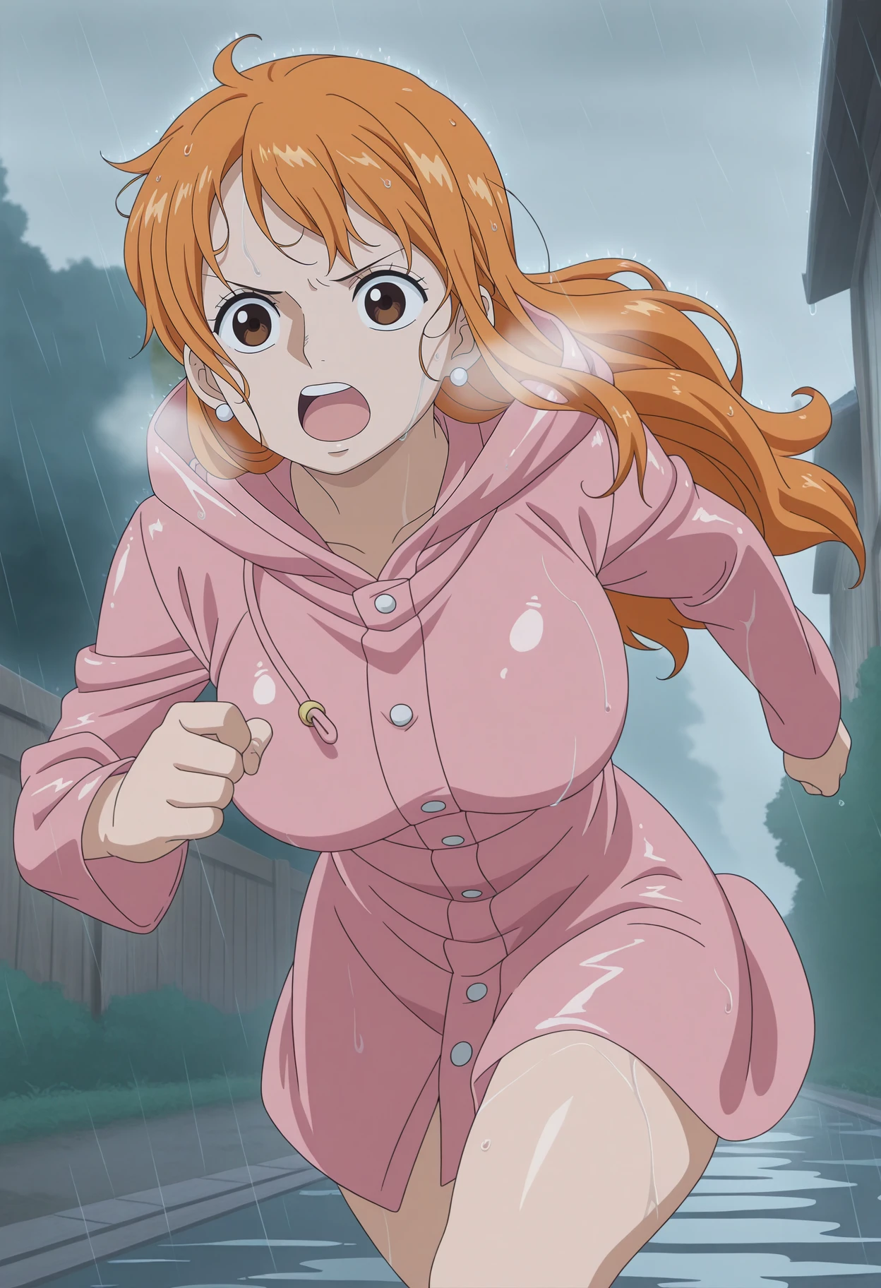 1girl,solo,mm,mature female,orange hair,brown eyes,earrings,large breasts,anime coloring,
long hair,raincoat,wet,running,rain,outdoors,open mouth, heavy breathing,
,masterpiece,best quality,amazing quality,<lora:NAMI-ONE_PIECE-SabaodyWano:0.8>