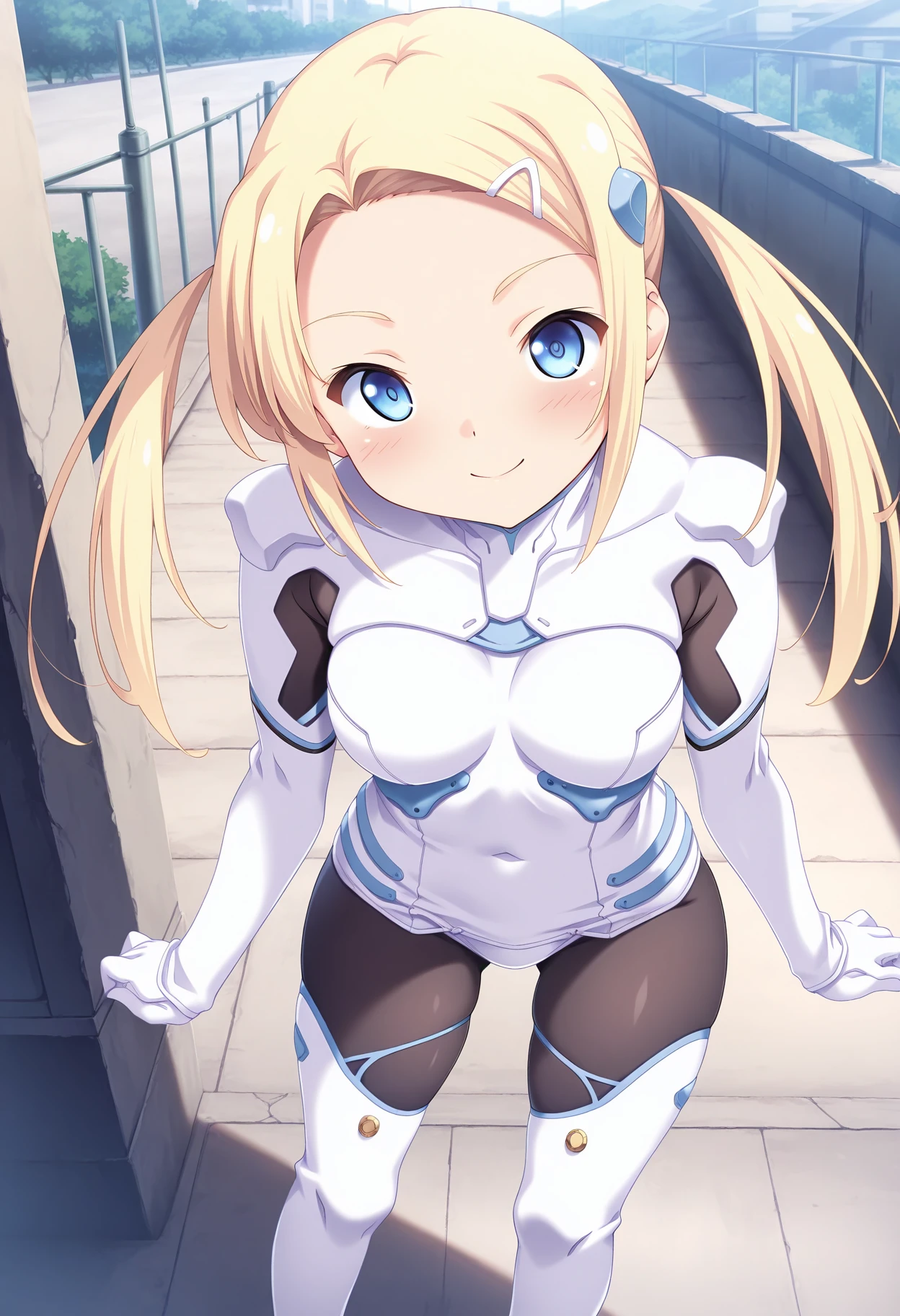 masterpiece, highest quality, High resolution,yuzuhaho,hairclip, hair ornament, bodysuit, gloves, pantyhose, thigh boots, Cowboy Shot, Are standing, Outdoor, smile,