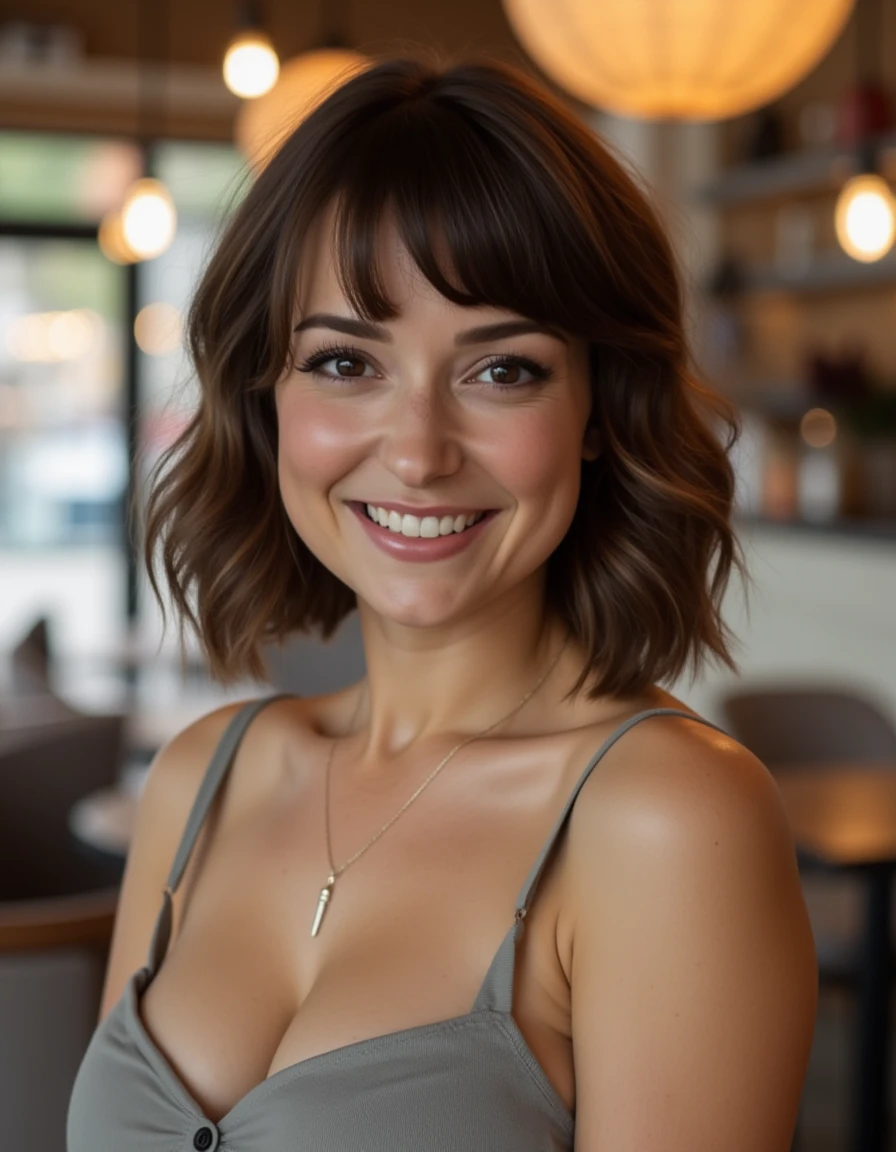 <lora:Milana_Vayntrub_Flux:1> This is a beautiful photograph of a woman, She has shoulder-length, wavy brown hair with bangs that frame her face. She is wearing a dress. Standing in a cafe. Looking at the viewer. Smile