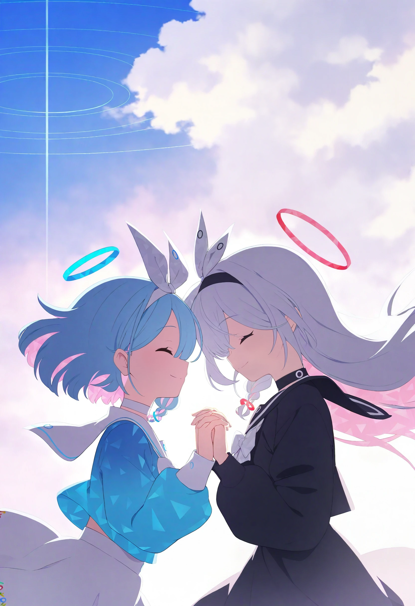 BAstyle,multiple girls,2girls,arona \(blue archive\),closed eyes,halo,blue hair,braid,long hair,hairband,sailor collar,school uniform,white skirt,holding hands,white choker,bangs,choker,short hair,long sleeves,skirt,shirt,white sailor collar,serafuku,multicolored hair,sky,blue shirt,white bow,white hairband,bow,colored inner hair,cloud,floating hair,smile,white hair,from side,very awa, masterpiece, best quality, year 2024, newest, highres, absurdres