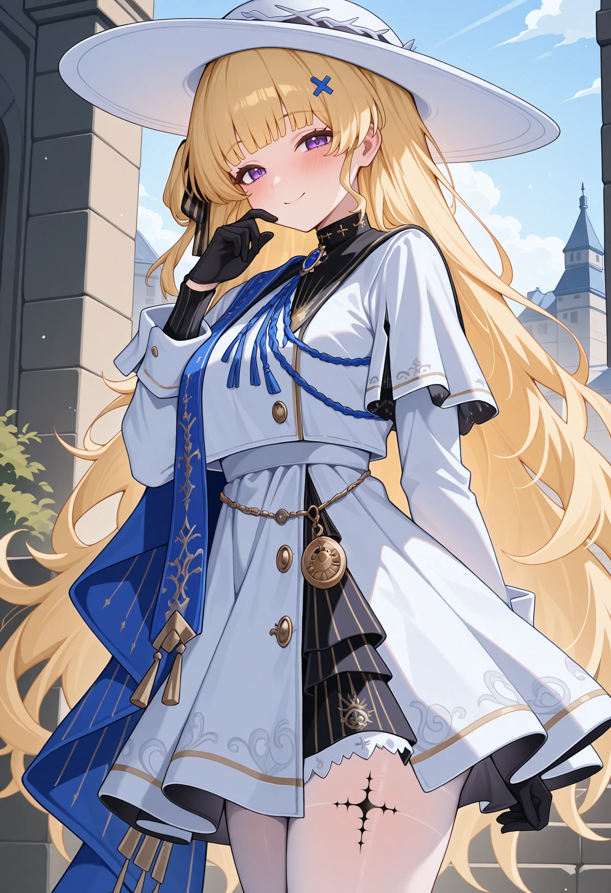 highres, best quality, masterpiece, outdoors,
solo, 1girl, wwphoebe, very long hair, blonde hair, blunt bangs, purple eyes, hair ribbon, x hair ornament,
phoewvdef, phoewwdef, white headwear, white dress, capelet, buttons, blue brooch, blue ribbon, blue scarf, medallion, jewelry, long sleeves, black gloves, white pantyhose, gold trim, leg tattoo,
looking at viewer, blush, smile,
standing, hand to own mouth, from side,
<lora:_phoebe_ww-elesico-ilxlF:1>