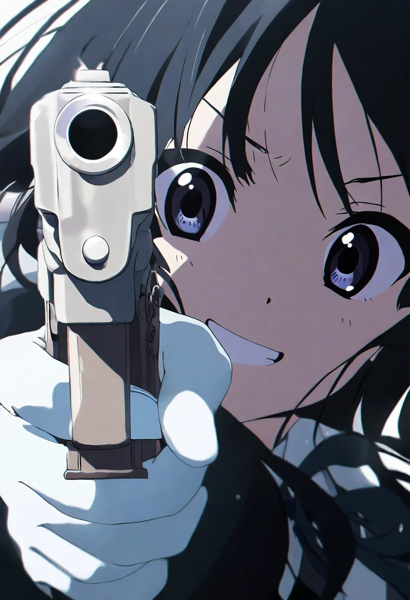 akiyama mio, ,BAstyle,1girl,weapon,gun,solo,holding,gloves,holding weapon,smile,holding gun,white gloves,handgun,upper body,aiming at viewer,grin,very awa, masterpiece, best quality, year 2024, newest, highres, absurdres