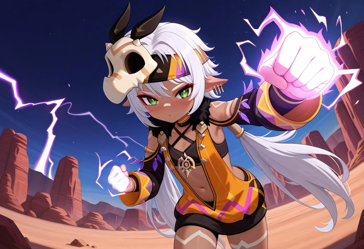 1girl, solo, aged_down, canyon, painted desert, Iansan, dark-skinned female, white hair, long hair, low twintails, pointy ears, short, flat_chest, petite, skull_mask, headband, detached_sleeves, purple_feathers, orange_dress, navel, plunging_neckline, black_sportsbra, loose_clothes, loose_shirt, necklace, earrings, tattoos, nose patch, looking_at_viewer, bent_over, green_eyes, tsurime, blushing, superhero_landing, punching the ground, earthquake, powerful, super-strength, clenched_hand, powering_up, aura, purple_energy, purple lightning hands;
From_above, foreshortening, perspective, depth_of_field, fisheye, color_contrast, cinematic_lighting, masterpiece, best quality, amazing quality, very aesthetic, absurdres, highres, newest, detailed face, volumetric lighting, ray tracing, light particles, realistic shadows, rtx, hdr, 4k, 8k,